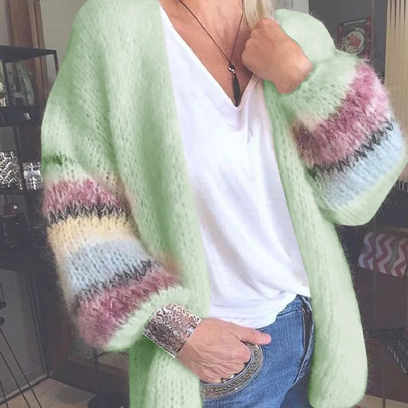 

Trendy Knitted Cardigan Striped Mohair Sweater Fall Winter Soft Women Tops Long Sleeve Loose Coat Longue Jacket Outer Garment