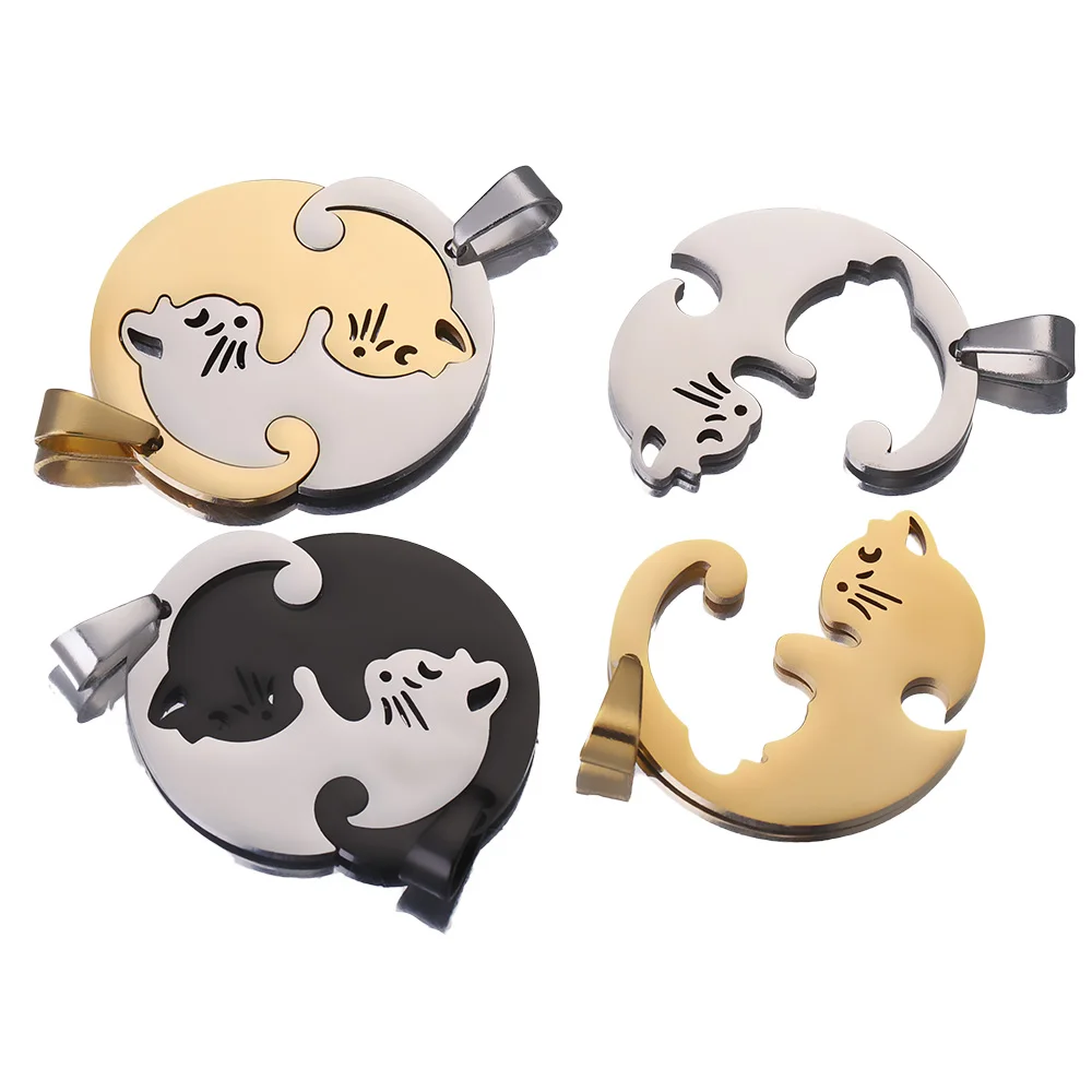 

1 Pair Stainless Steel Cute Lovely Cat Charm Necklace Lover Girlfriend Set for DIY Jewelry Paired Pendant Designer Charms