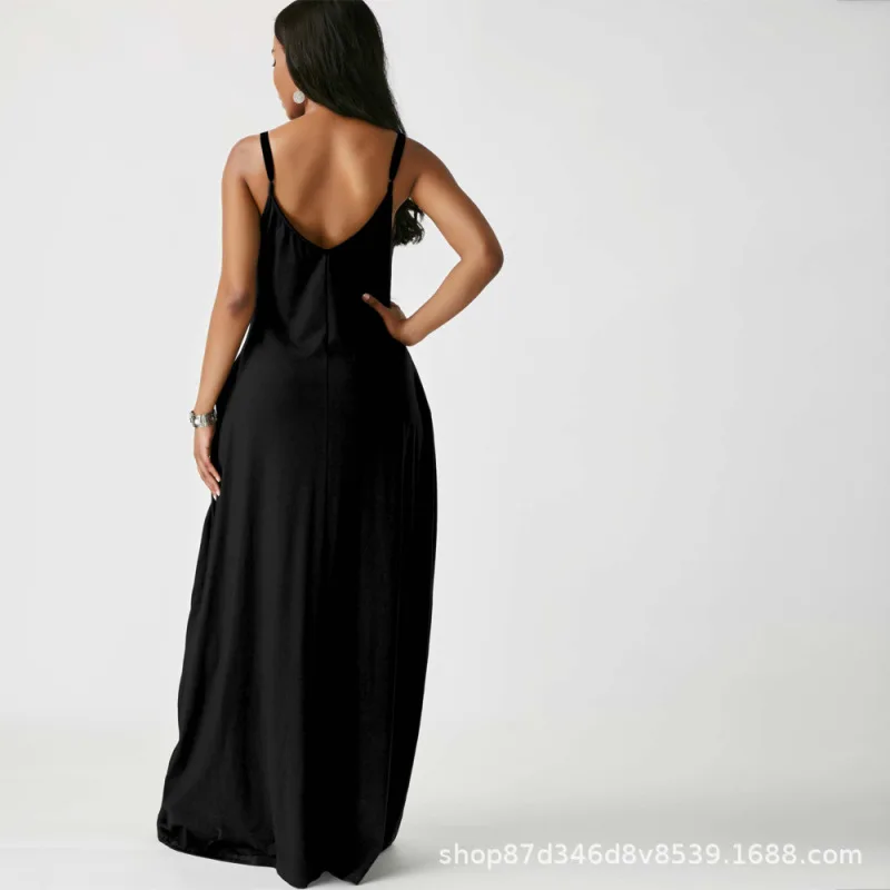 

2021 Summer Women's Sling Long Dress Sleeveless Tie Dye Printed Mid Waist Pocket A Line Skirt Casual Maxi Beach Vestidos Robe