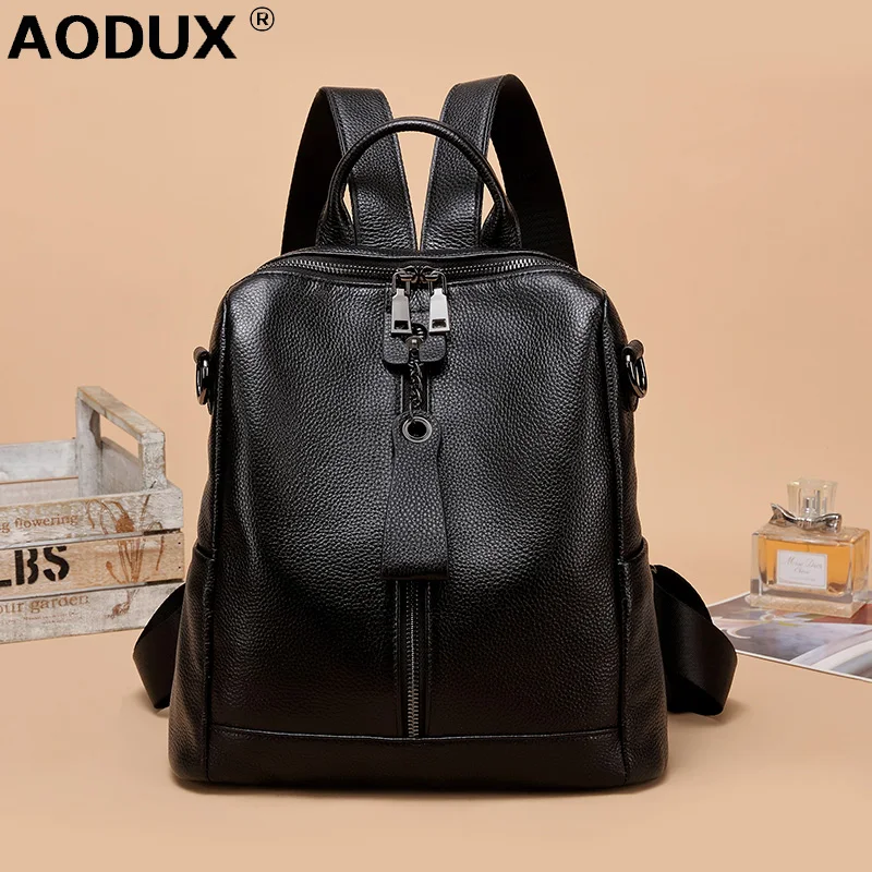 Модные женские рюкзаки AODUX из 100% натуральной коровьей кожи черная фурнитура