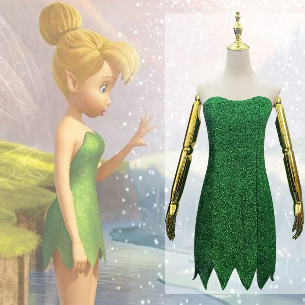 

Anime Pixie Fairy Cosplay Costume Tinker Bell Green adult Dress Tinkerbell Halloween Party Sexy Cosplay Mini Dresses With Wig