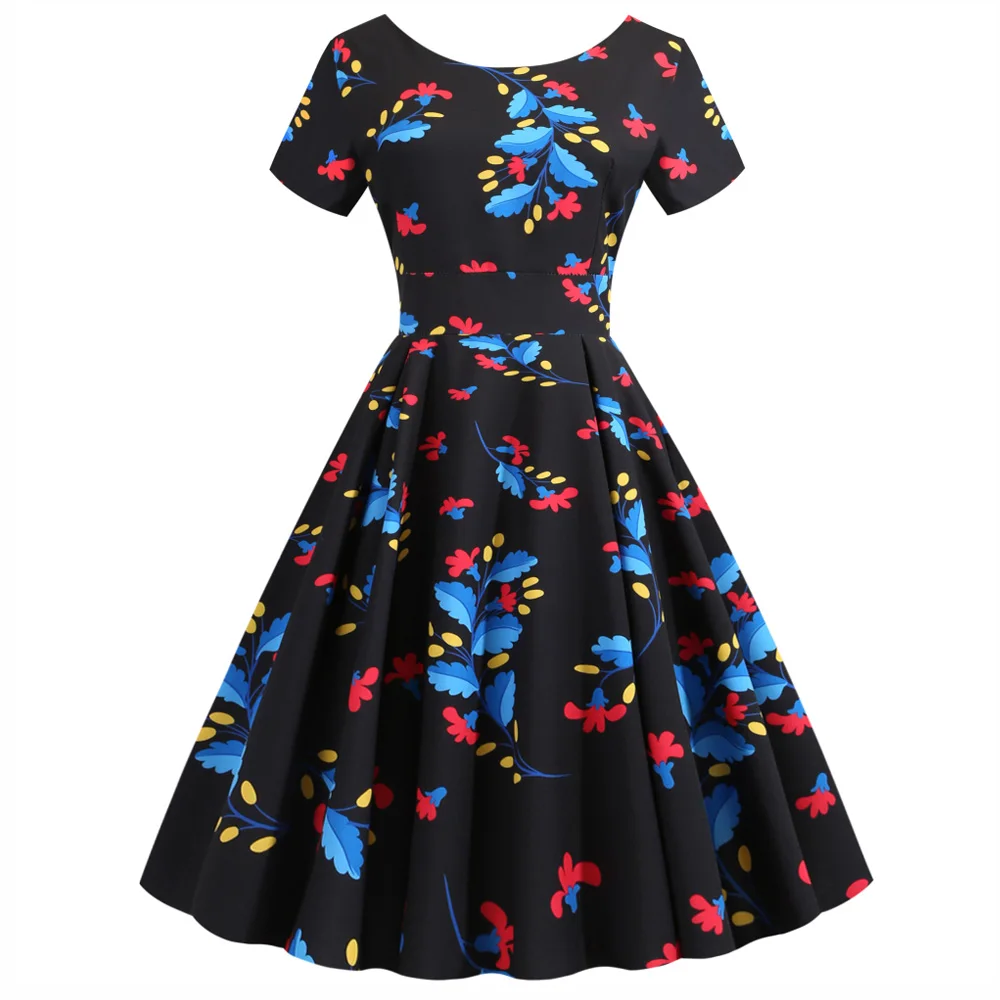 Kenancy женское винтажное платье с цветочным принтом круглым вырезом коротким