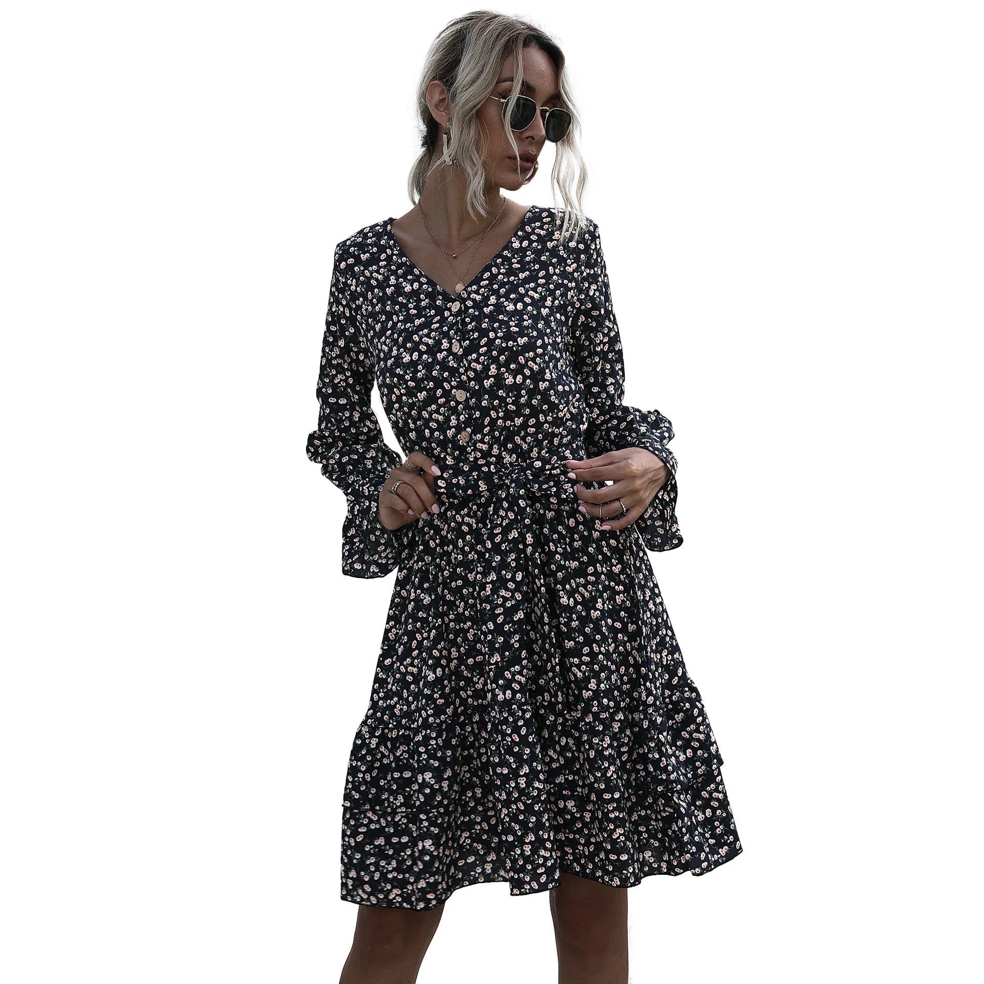 

European and American fashion chiffon long sleeves with floral button ruffled dress women's spring new
