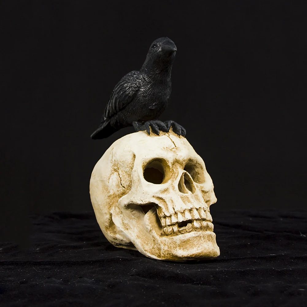 Halloween Black Crow Skull Head Figurine Ornament Skeleton Bones Gothic Art 26x25cm/10.3x9.9inch | Дом и сад