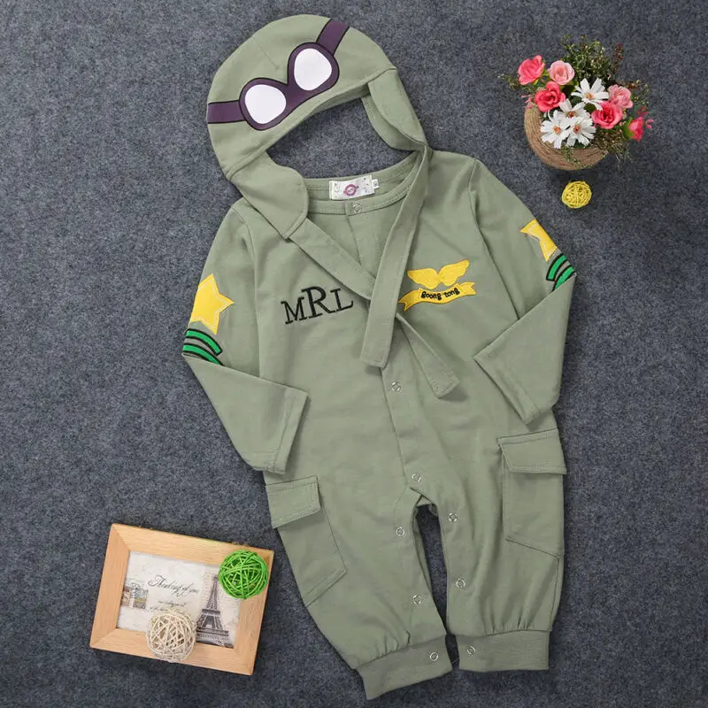 PUDCOCO Newborn Toddler Baby Boy Pilot Sets Children Clothes Rompers+Hat Cap 2Pcs Outfits Green Novelty |