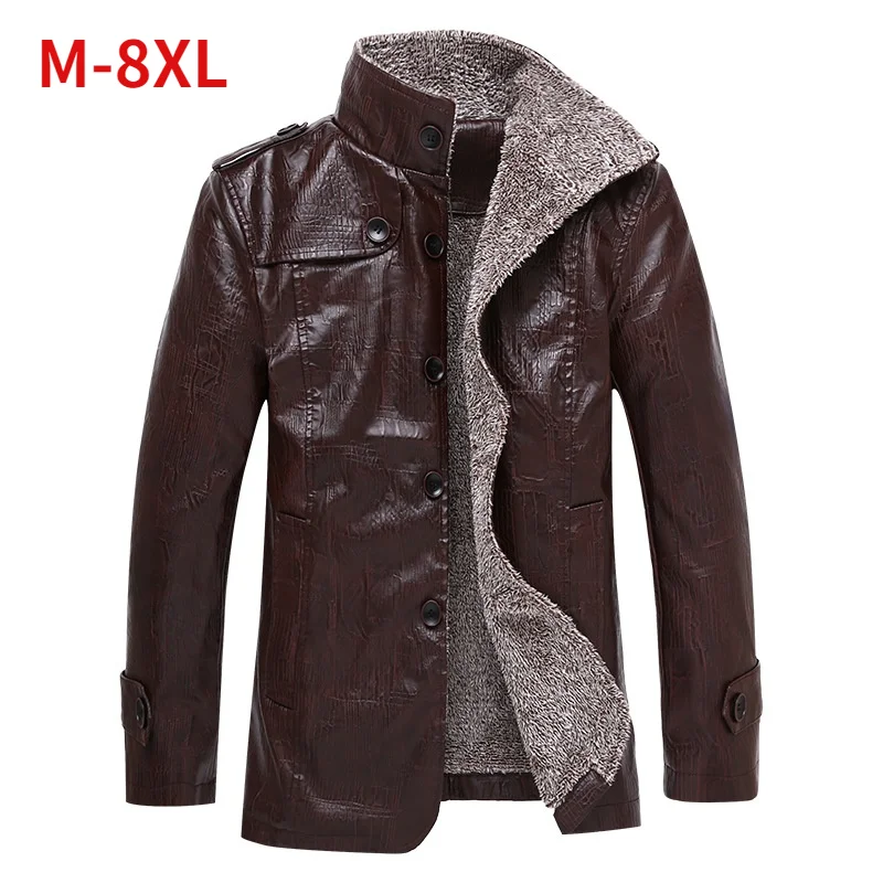 

Men's brand Windbreaker Coat Thick Large size Jacket Stand Collar Outwear New Men PU Leather Jacket Fur Linner Long Style M-8XL
