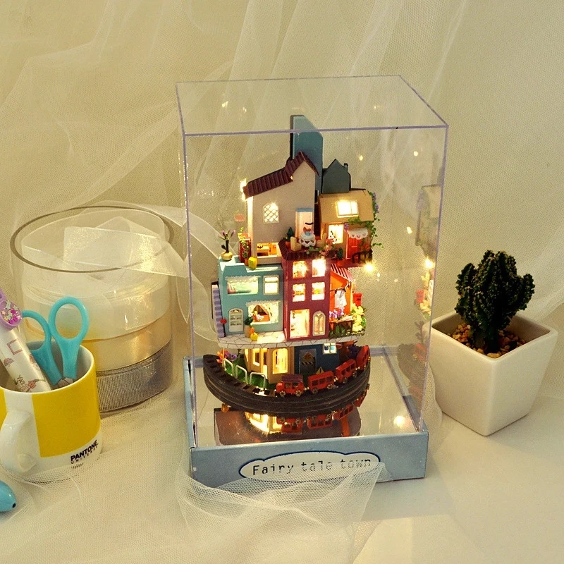 

DIY Cloud Town Wooden Dollhouse Miniature Furniture Kit with LED Toys for Kids Christmas Birthday Gifts