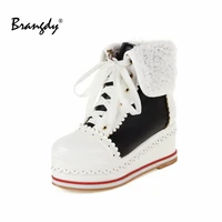 brangdy classical women lolita shoes pu platform women ankle boots round toe mixed colors women spring autumn boots fold lace up