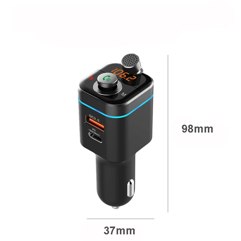 

Konrisa Car FM Transmitter One-Key Bass MP3 Player Bluetooth 5.0 Hands-free Call QC3.0 Fast Charge +Type-C PD18W USB Car Charger