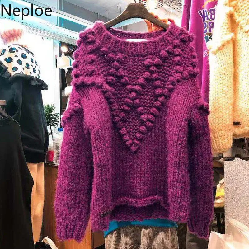 Neploe, осенне-зимний свитер с меховым помпоном, корейский Повседневный пуловер, джемпер, Модная вязаная одежда с длинным рукавом, топы, Pull Femme 55361