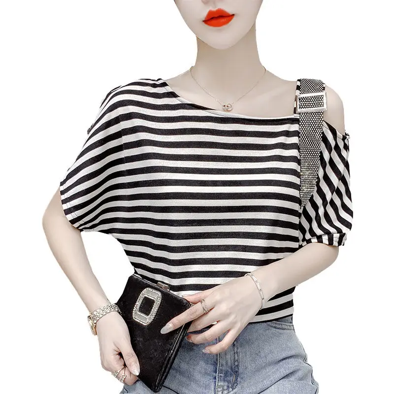 

Off the Shoulder T-shirt Short Sleeve 2021 New Summer Women's Wear Loose and Versatile Foreign Style Hot Drill Sling