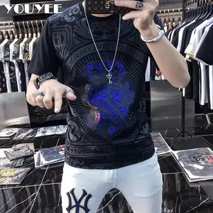 T-shirt Designer Clothes Men Mercerized Cotton V-shaped Pattern Rhinestone  Top 2022 New Male Street Fashion Style Man Clothing