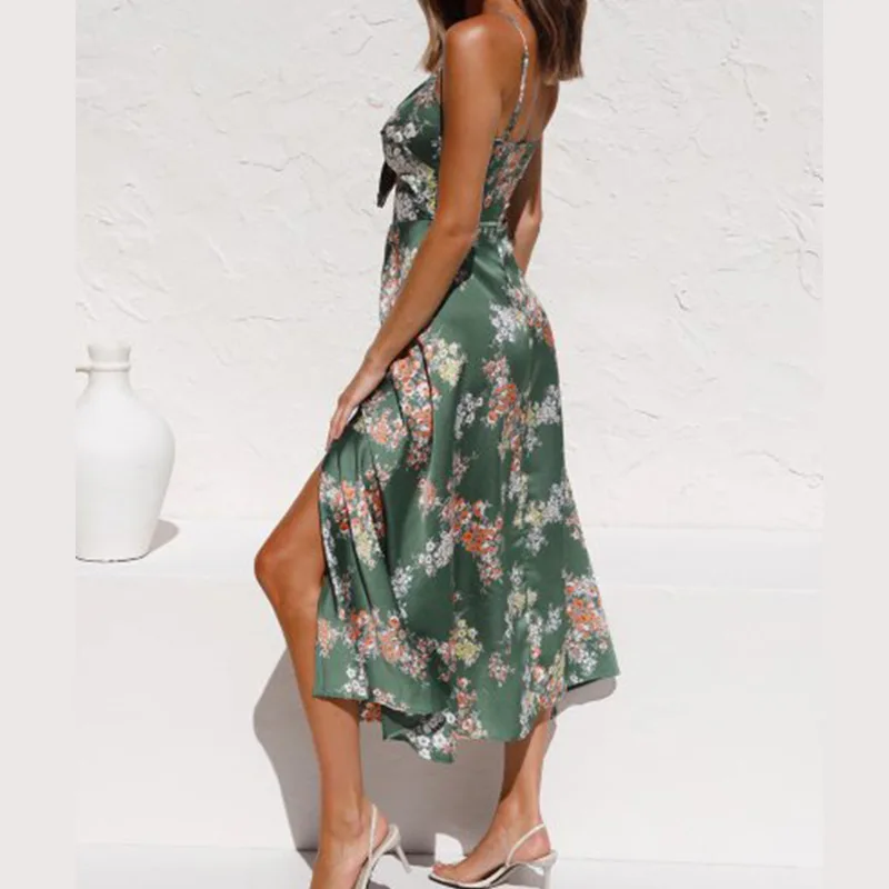

Summer Women Print Maxi Dress Sexy Mid Split Summer Beach Halter Dress Casual Sleeveless Casual Long Dress