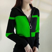 sweaters womens slim fit knit coats 2022 autumn knitted cotton zipper color splicing warm cardigan jumper jerseys sweater woman