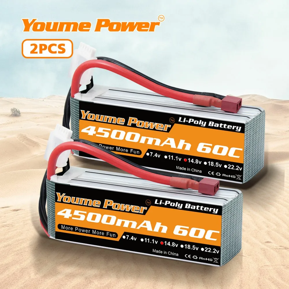 

2PCS Youme 4S Lipo Battery 14.8v 4500mah 60C with XT60 Deans connector For Evader BX Truggy Car Truck RC UAV FPV Drone Airplane