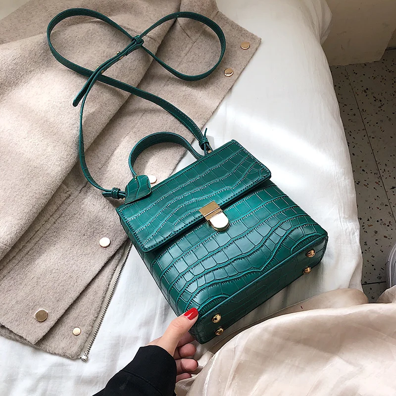 Green Vintage Fashion Stone pattern Tote bag New High Quality PU Leather Women's Designer Handbag Lock Shoulder Messenger Bag - Цвет: Green