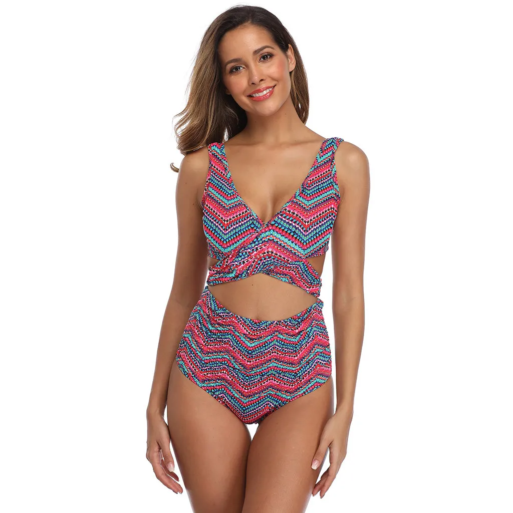 Женский купальник бикини два предмета цветная полоска с принтом бразильское