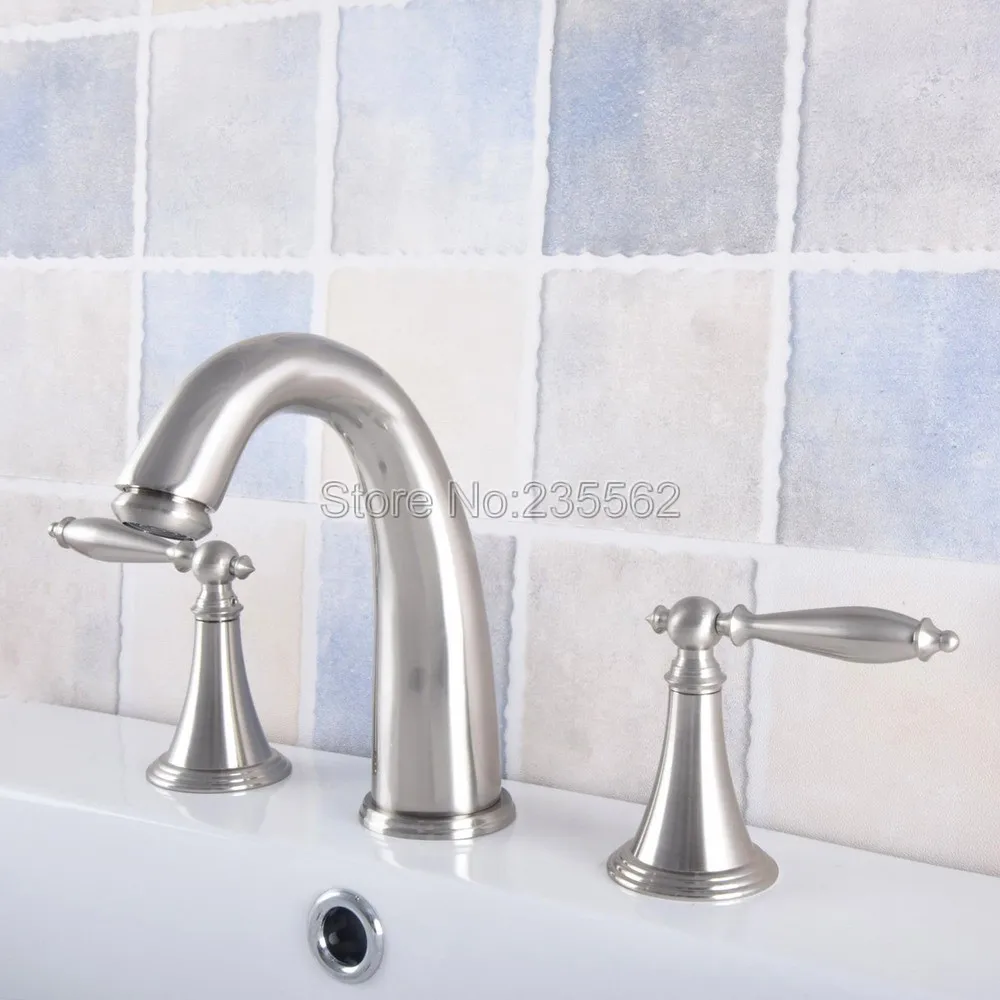 

3 Hole Widespread Bathroom Sink Faucet Deck Mounted Dual Handle Hot Cold Water Mixer Tap Brushed Nickel Finished Lnf683
