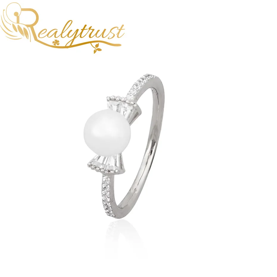 

Realytrust Cute Bowknot Pearl Ring for Women Solid 925 Sterling Silver Butterfly Zircon Elegant Wedding Band Party Birthday Gift