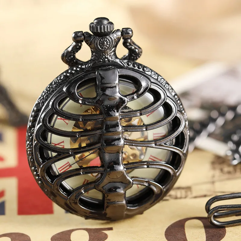 

Antique Black Hollow Skeleton Design Mechanical Pocket Watch Fob Chain Exquisite Carved Roman Stampunk Men Women Clock Gift Set