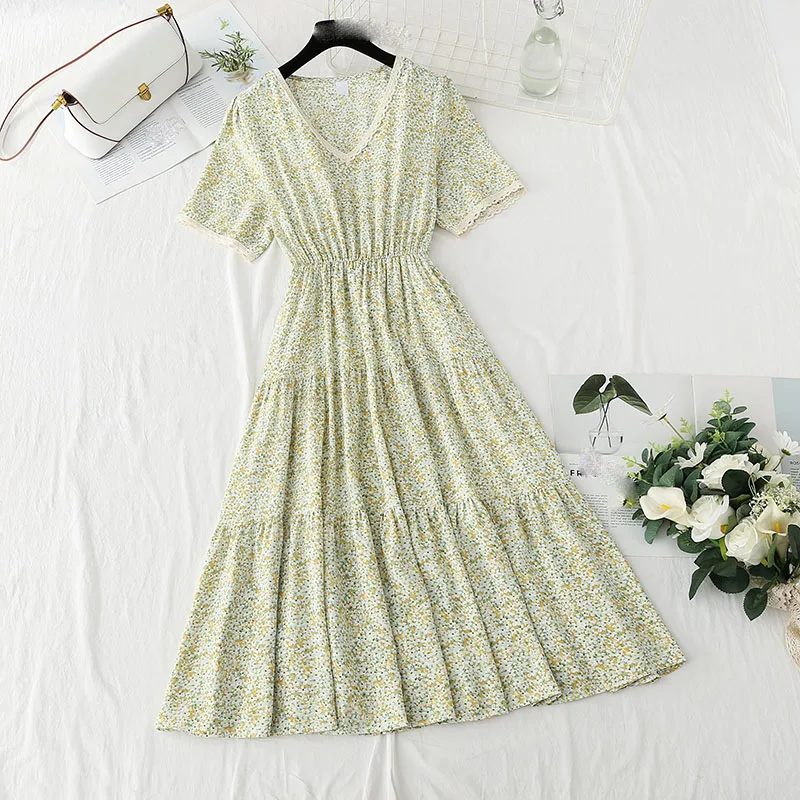 

Summer dress female 2021 new Korean version Chiffon short sleeves sweet floral French retro lace edge V-neck slim long dress
