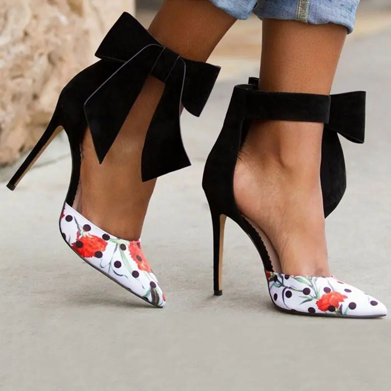Ankle Butterfly Knot Decor Pointed Toe Pumps High Heels Polka Dot Print Female Pumps Hot Women Sexy Shallow Party Dress Shoes