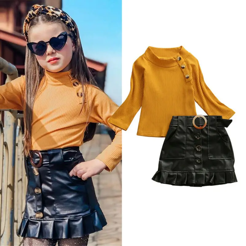 

2PCS Toddler Kids Baby Girls Long Sleeve Tops PU Mini Skirt Outfits Clothes
