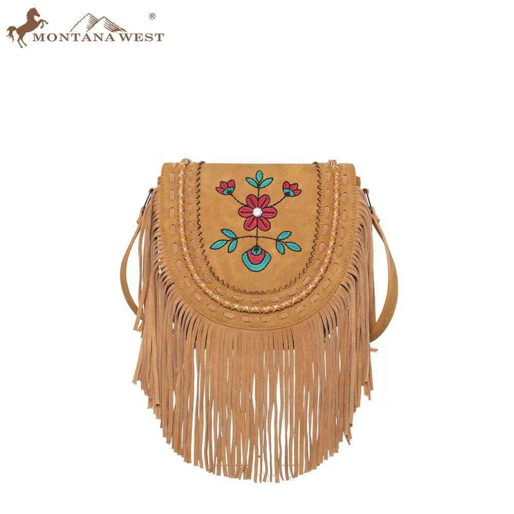 

Wrangler Embroidered Floral Fringe Crossbody（Wrangler by Montana West) PU Leather Women's Bag
