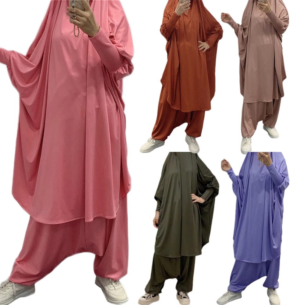 Джинсовое платье с капюшоном, брюки, молитвенная одежда, Jilbab Abaya, длинное платье, Khimar Рамадан, комплекты, мусульманская одежда Niqab