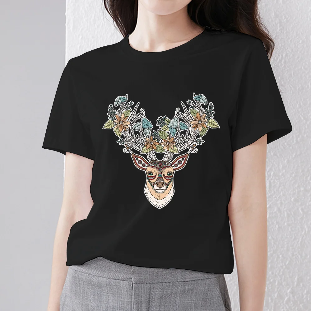 

Basic Women's Clothing T-shirt Casual Top Elk Print Series Black Commuter O-neck Slim Fit Casual Sports All-match Short Sleeve