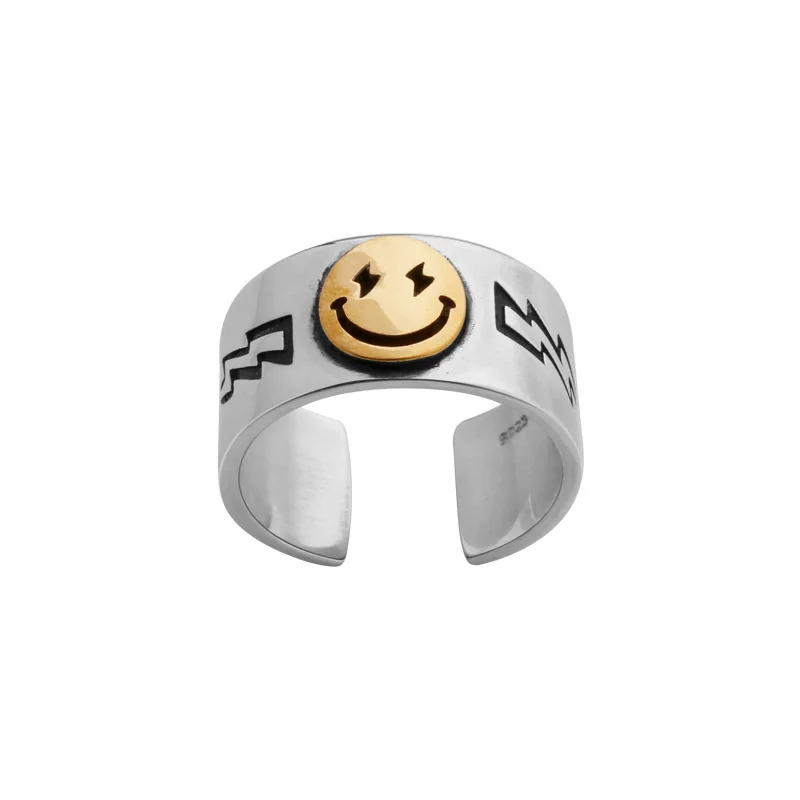 

Happy Smiley Face Ring for Men Lightning Goth Ring Big Large Retro Vintage Golden Gothic Women Jewelry Ring Harajuku Accessories