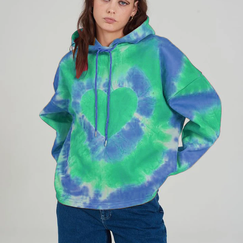 

Y2K Women Casual Hooded Sweatshirt Adults Color Block Love Print Long Sleeve Pullover with Drawstring