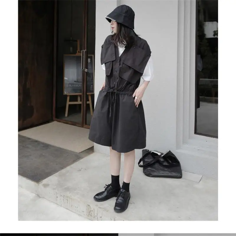 Ladies spring/summer new cargo pants jumpsuit solid color big pocket cloth waistline drawstring short sleeve jumpsuit shorts