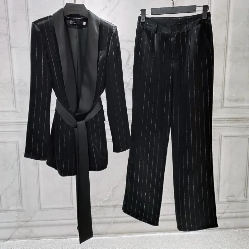 

High Quality Fashion Office Ladies 2Pcs Suits Elegant Long Sleeve Shawl Collar Belt Blazer Top Straight Full Length Trousers