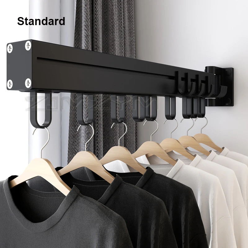 Black Aluminum Bathroom Hook Foldable push-pull folding rotation Balcony clothe rack Wall Mounted indoor and outdoor clothe pole