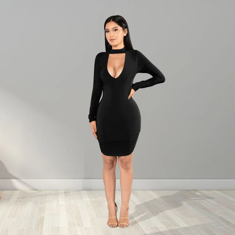 

Wantmove New Sexy Women's Dress Tight Party Club Mini Dresses Spring And Autumn Long Sleeve 2021 Solid Color V-Neck Slim AM893