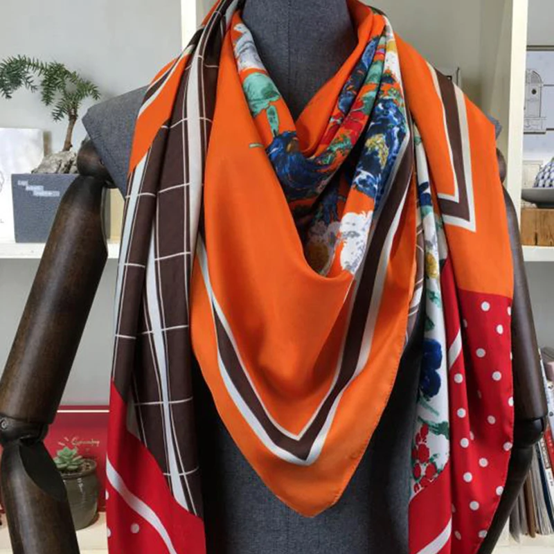 

130*130cm Luxury Brand 2021 Square Scarf Bandana Hijab Twill Silk Scarf Women Scarves Stoles For Ladies Fashion Shawls Echarpe