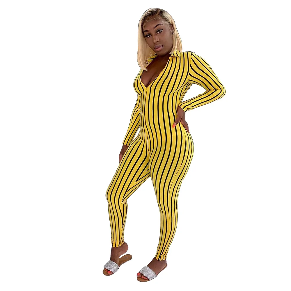 

2019 Women's European and American Striped Fun Pattern New Style for Autumn and Winter Zip Jumpsuit for Printing Contrast
