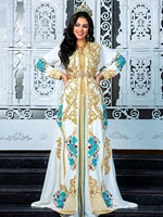 elegant white chiffon moroccan kaftan evening dress full sleeve gold lace muslim arabic fashion special occasion prom party gown