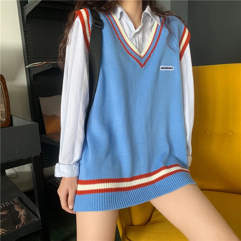 

Vest Women stripped Vintage Harajuku Stylish Streetwear V-neck Sleeveless Sweaters Students Korean Loose Casual Fashion Chic