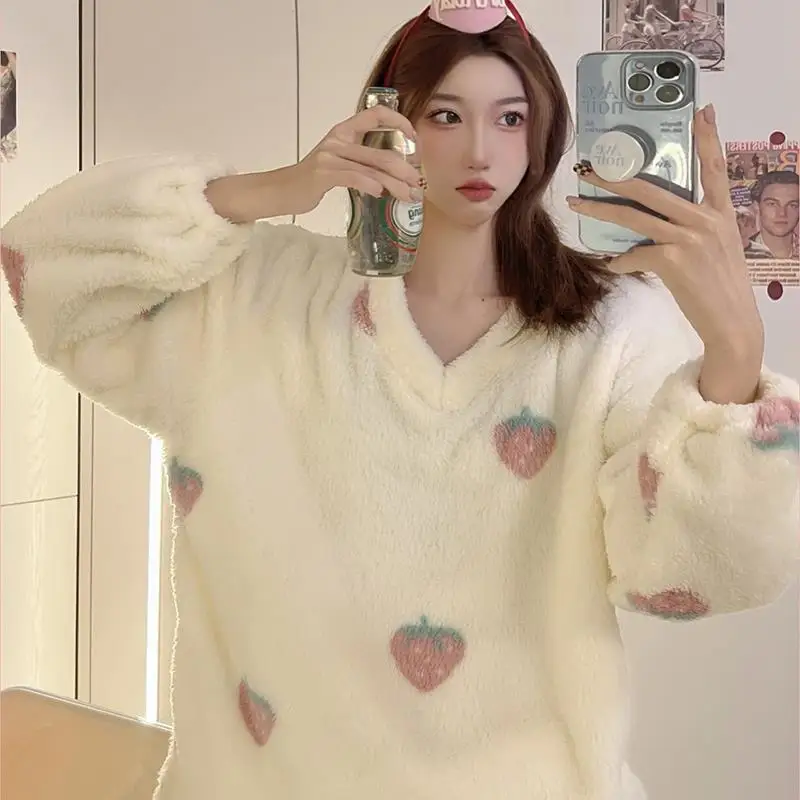 QWEEK Sleepwear Women Coral Fleece Pajamas Winter Home Clothes V Neck Strawberry Pyjamas loungewear Pijamas Kawaii Nightwear