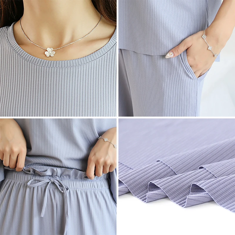 

Women Thin Summer Pajama Set Solid Short Sleeve Pockets Ladies Home Suit 2Pcs Set o Neck Long Pants Pajamas Sets for Female