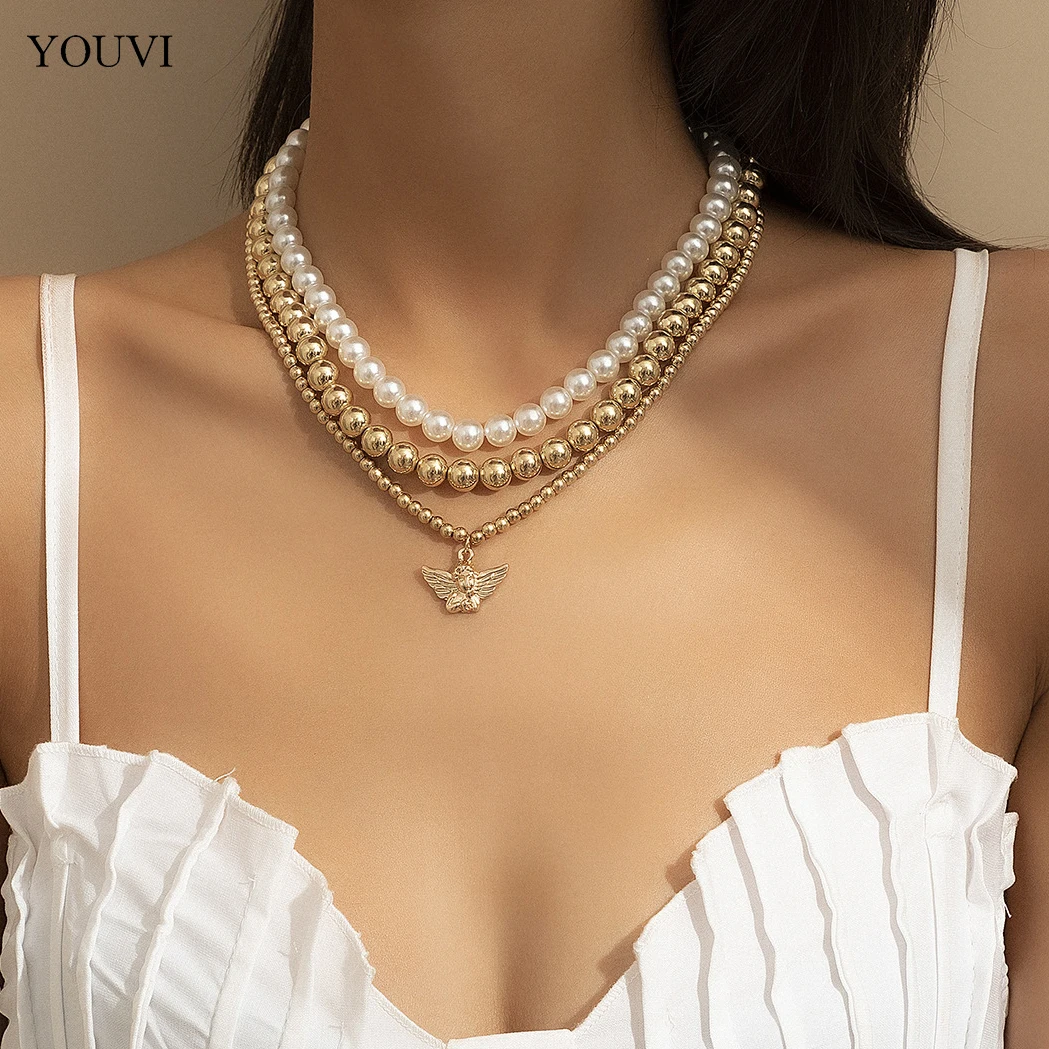 

YOUVI 3Pcs Grunge Metal Ball Beads Chains Couple Pedants Necklace Choker Vintage Pearl Necklace for Women Jewelry on the Neck