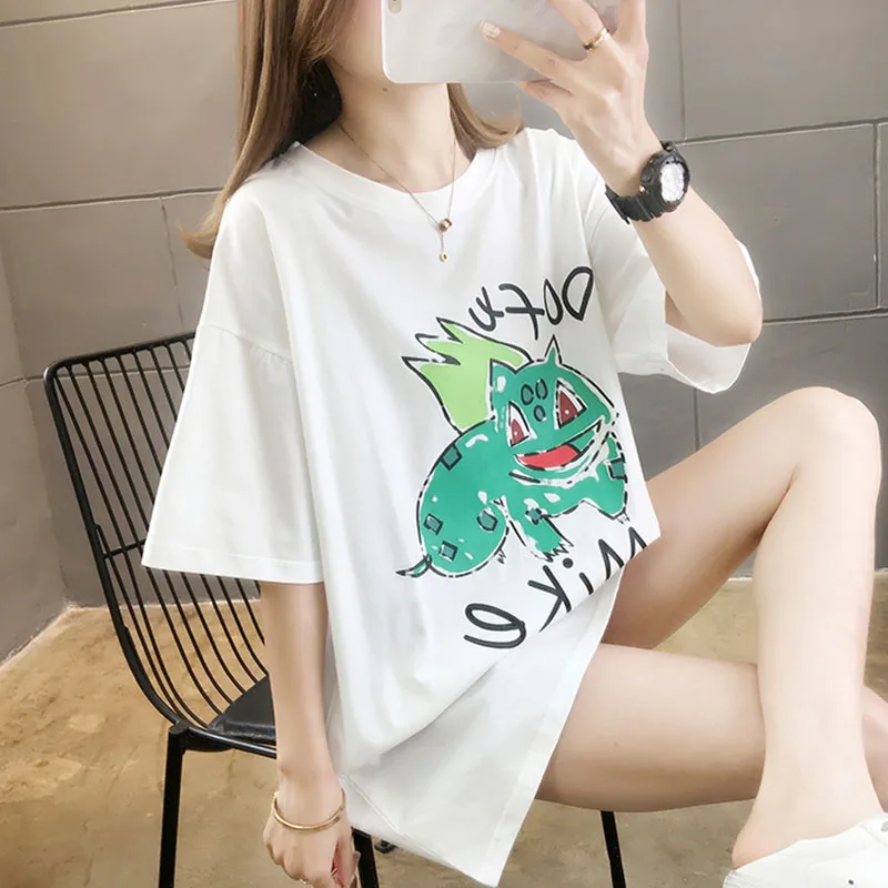 

Zaraes Korean Cartoon Pictures Pure Cotton Round Neck Short-sleeved Printed T-shirt Comfortable Loose Mid-length Plus Size Women