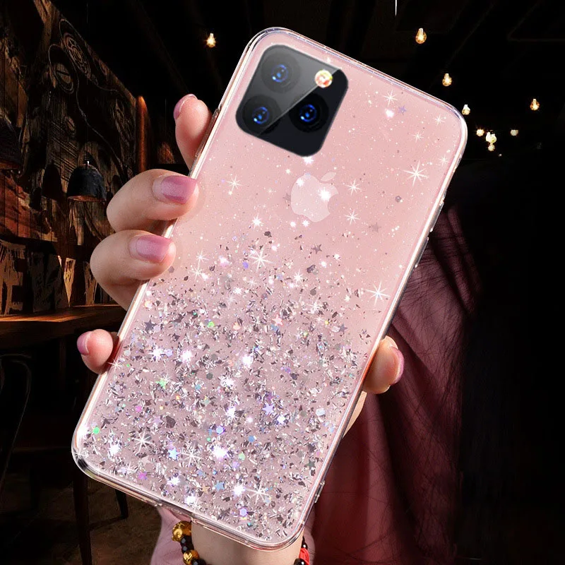 Роскошный блестящий чехол для телефона iphone 11 Pro X XR XS MAX 6 s 6S 7 7Plus 8 Plus прозрачный мягкий чехол из ТПУ - Цвет: Розовый