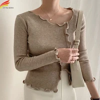 dfrcaeg new 2022 spring cropped sweater womens pullover knitwear short tops long sleeve khaki black or white ruffles jumpers