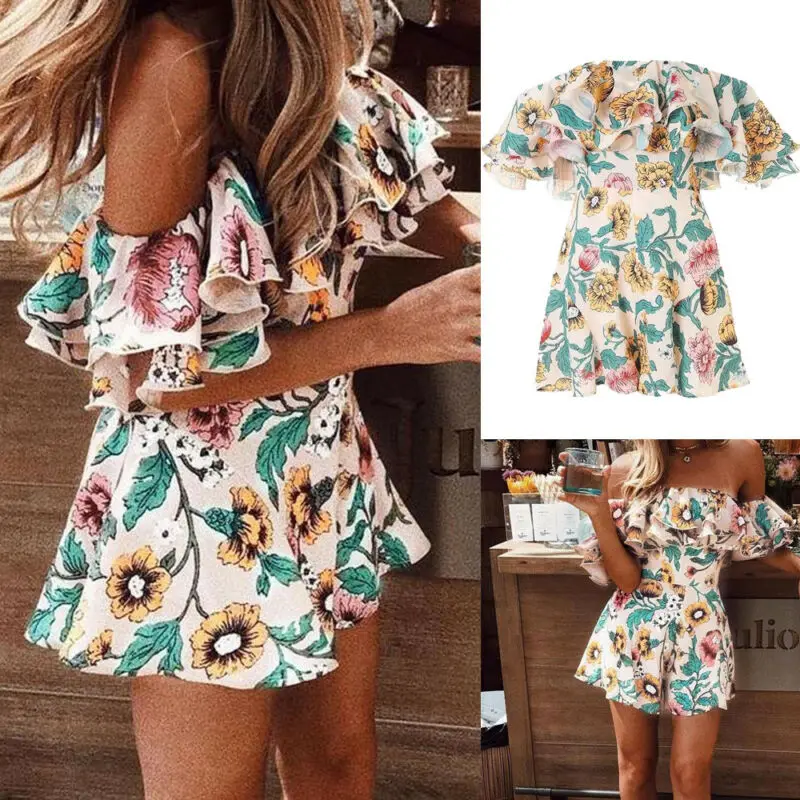 Сексуальный Boho цветочный принт комбинезон с рюшами Женский Летний Тонкий