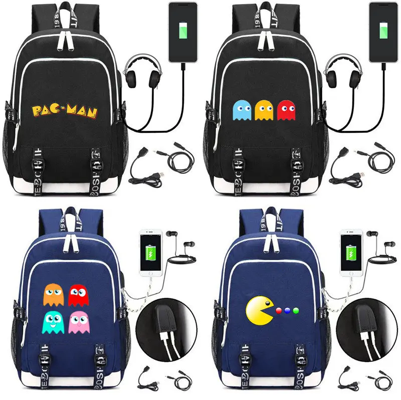 Pac man холщовый рюкзак usb зарядка школьная сумка для мужчин wo мужская музыка mochila