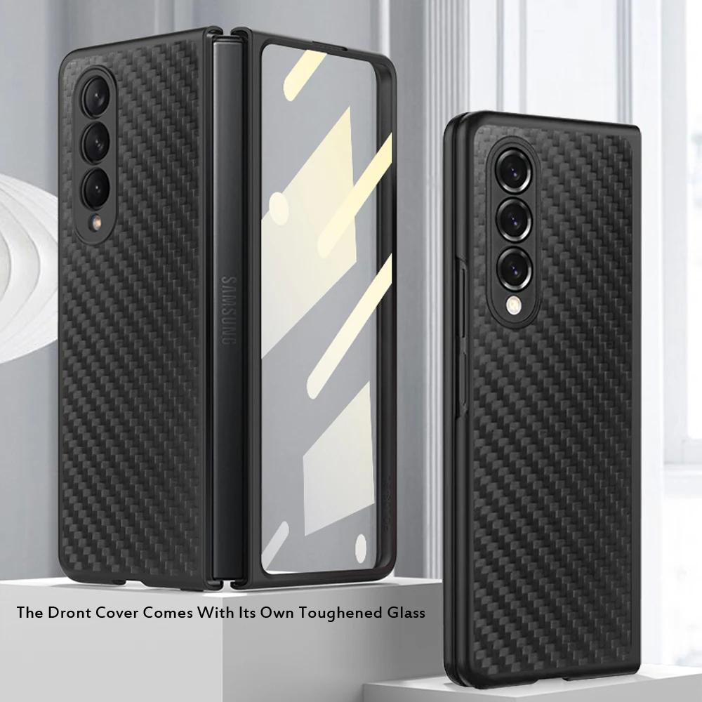 

Luxury Carbon Fiber Hard Phone Case For Samsung Galaxy Z Fold 3 5G Transparent Glass Front Screen Protector Shockproof Cover