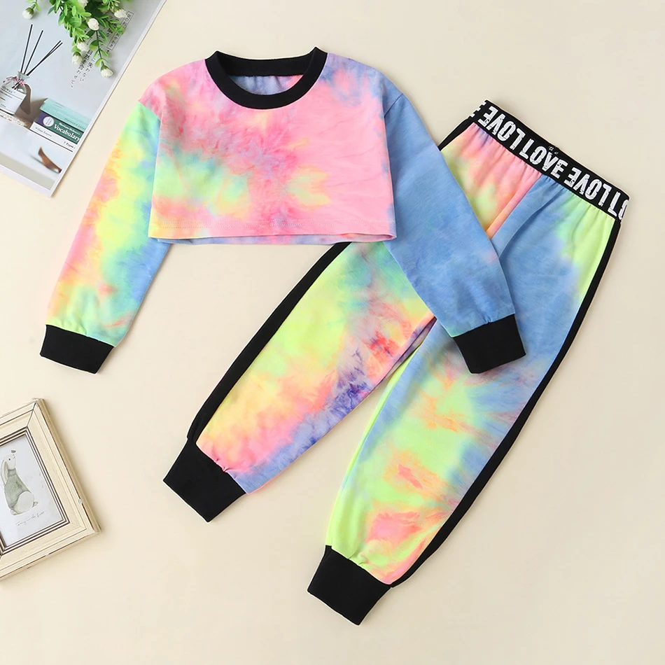 

Girls Clothes Sets Tie Dye Print Crop Tops T-Shirts+Letter Pants Children Clothing Spring Autumn Kids Teen Clothes Sets 2-6Years